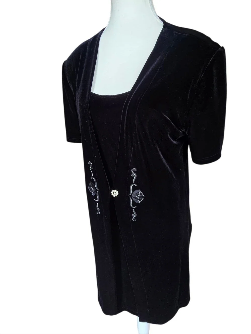 Fashion Bug Size 14P Black Velvet Embroidered Y2K Witchy Goth Lagenlook Dress